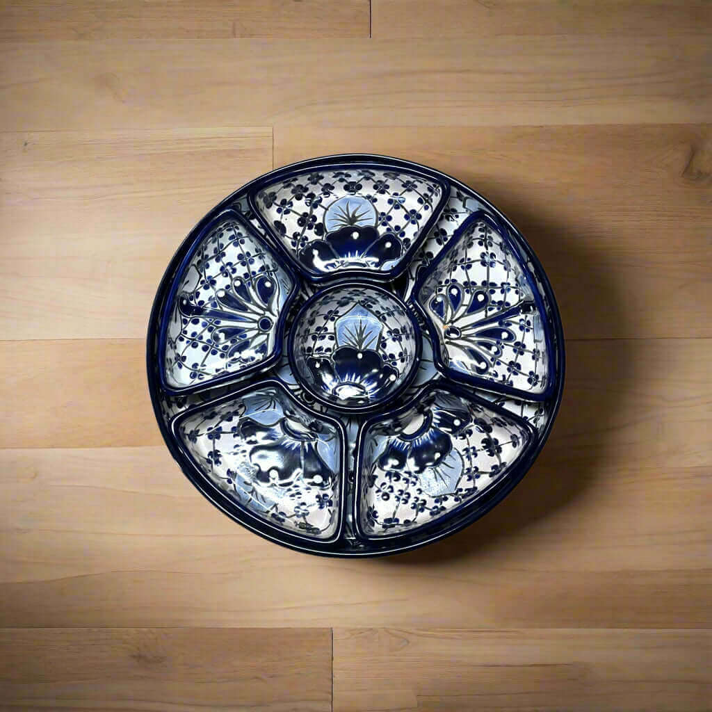 Handmade Talavera Appetizer Tray | Blue and White Sectional Platter