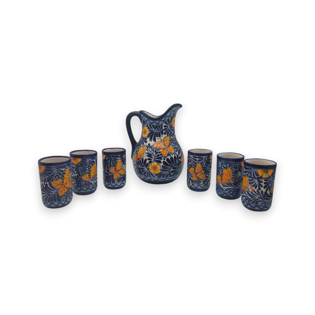 Blue Monarch Talavera Pitcher Set | Mexican Ceramic Drinkware