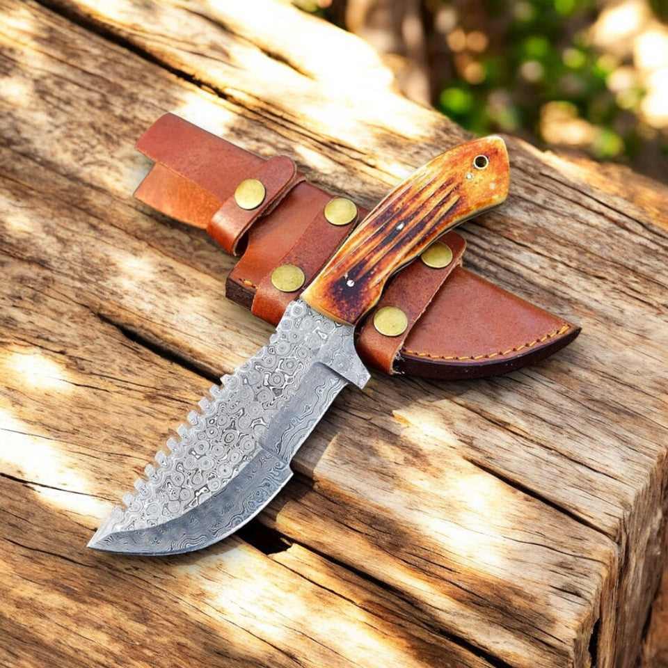 Handmade Damascus Hunting Knife with Camel Bone Handle
