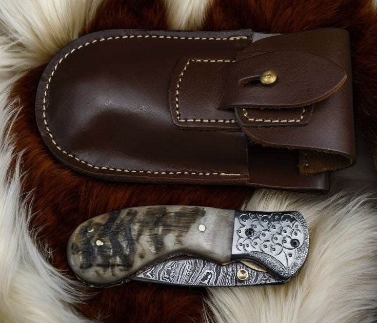 Custom Handmade Damascus Steel Pocket Knife – Sheep Horn