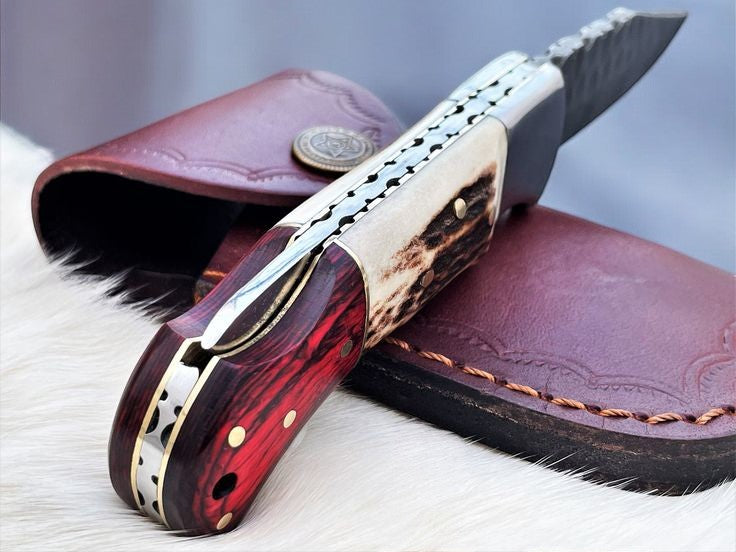 Handmade Damascus Pocket Knife – Stag & Pakka Wood
