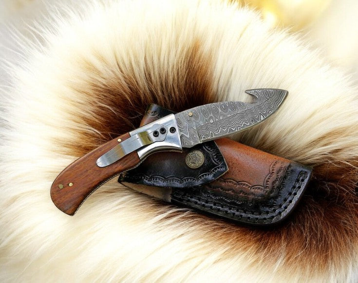Handmade Damascus Steel Folding Knife with Rosewood Handle