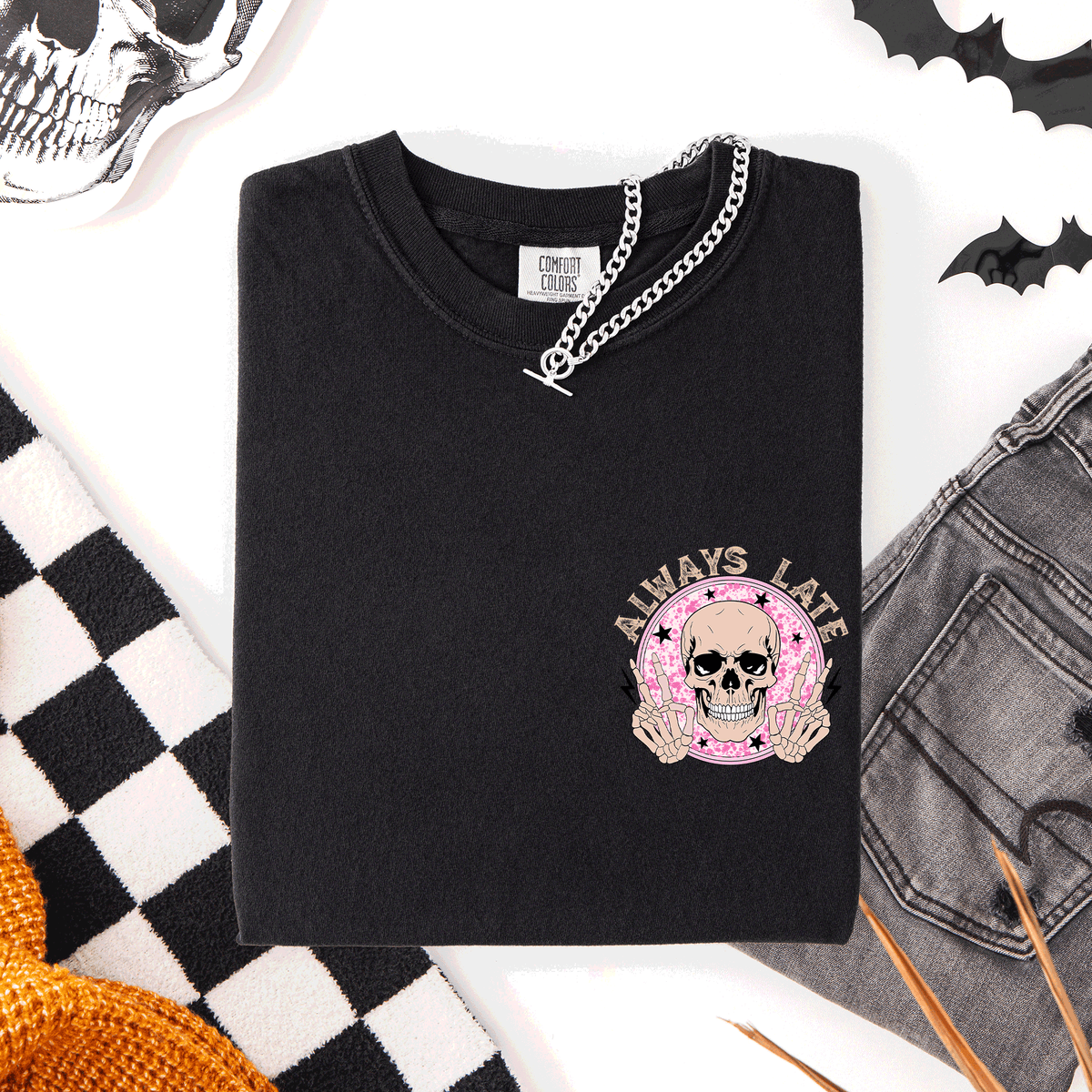 Always Late Skeleton Mood Vibe Pocket Halloween Night Limited Edition Comfort Colors Tee