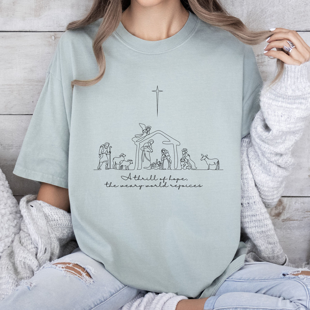 A Thrill Of Hope Nativity Comfort Colors Tee Vintage Christmas Seasonal Graphic Design