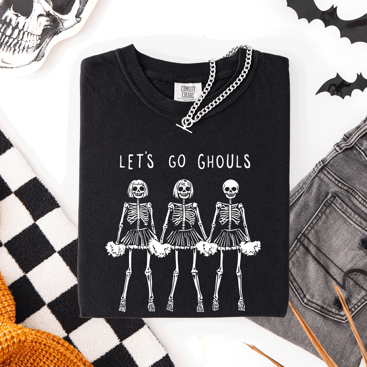 Let's Go Ghouls Skeleton Cheerleaders Spooky Halloween Edition Classic Comfort Colors Tee