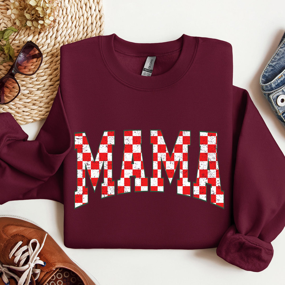 Mama, Christmas Checkered, Red, White, Santa, Varsity, Retro, Vintage Sweatshirt