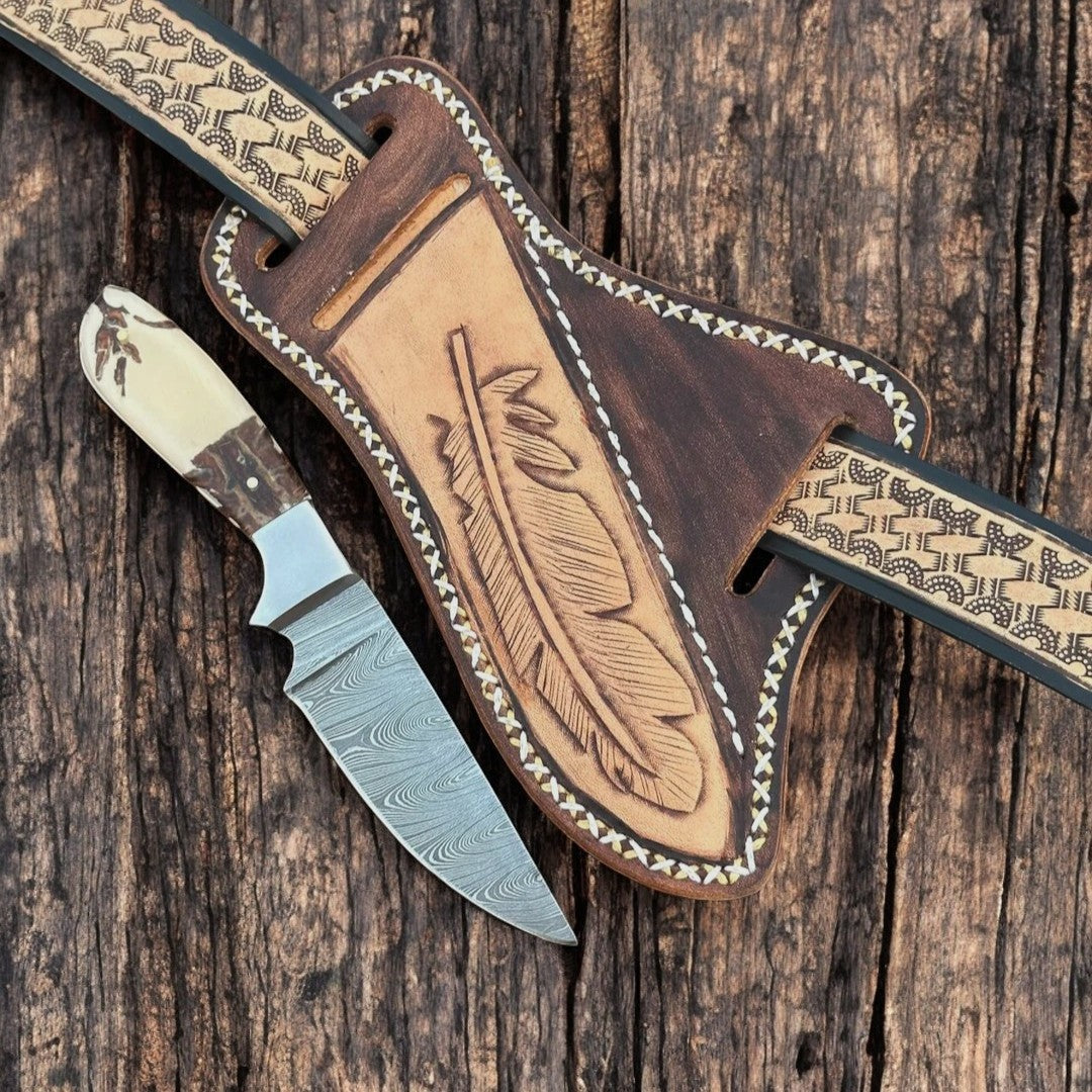 Custom Handmade Damascus Belt Knife – Epoxy Pine Cone