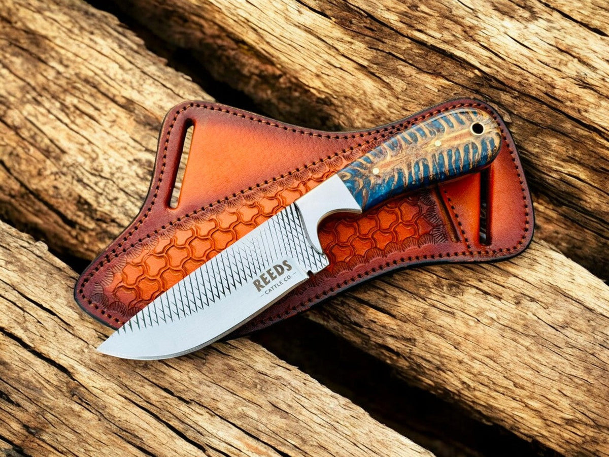 Hunting Knife with 4" Rasp Steel Blade & Blue Pine-Cone Resin Handle
