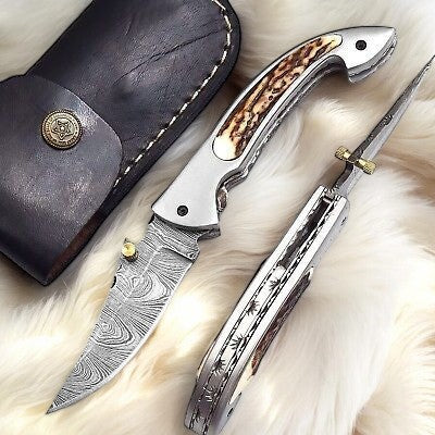 Handmade Damascus Pocket Knife – Stag Horn Handle, 3”