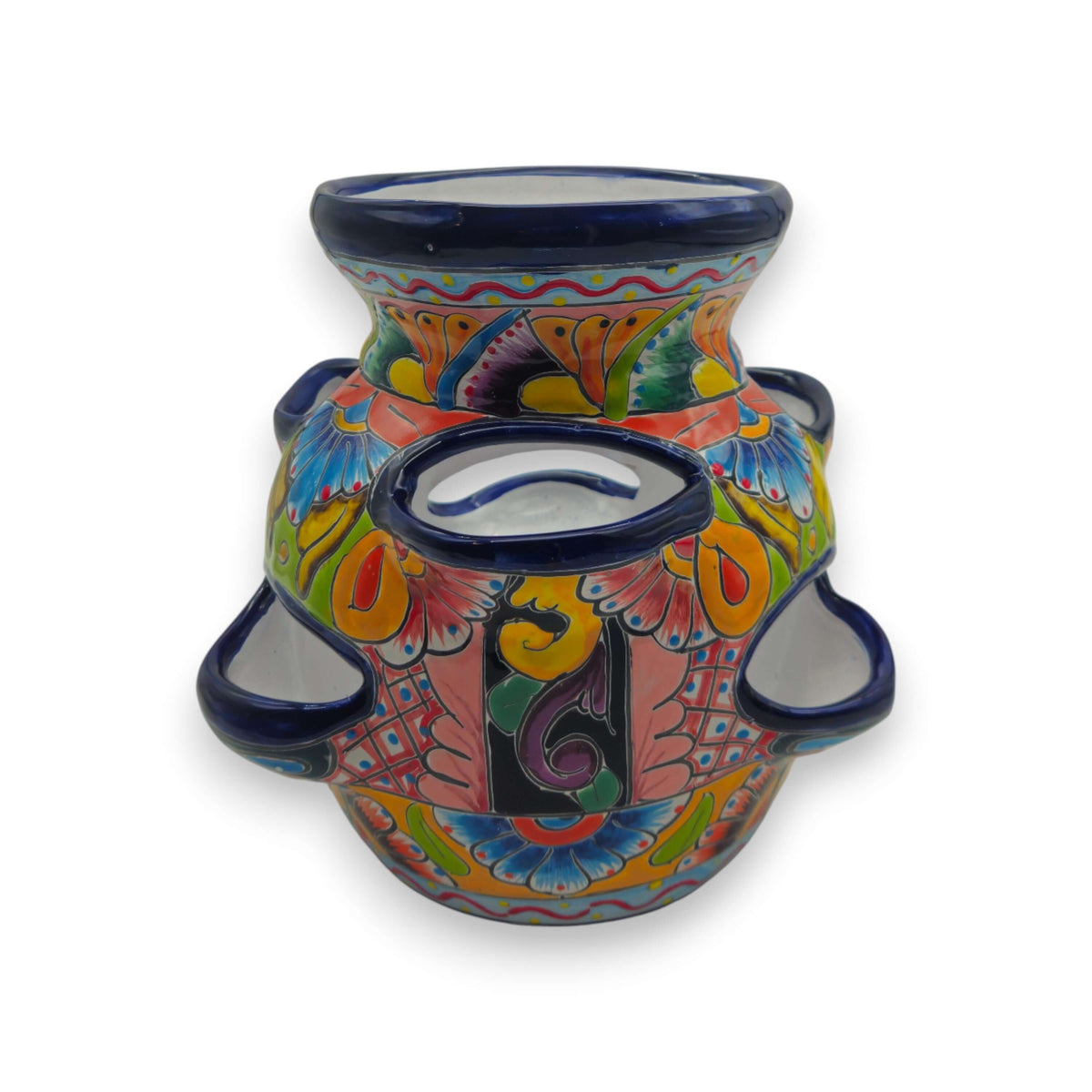 Blue Rim Talavera Strawberry Pot | Hand-Painted Mexican Planter