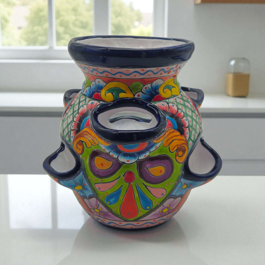 Blue Rim Talavera Strawberry Pot | Hand-Painted Mexican Planter