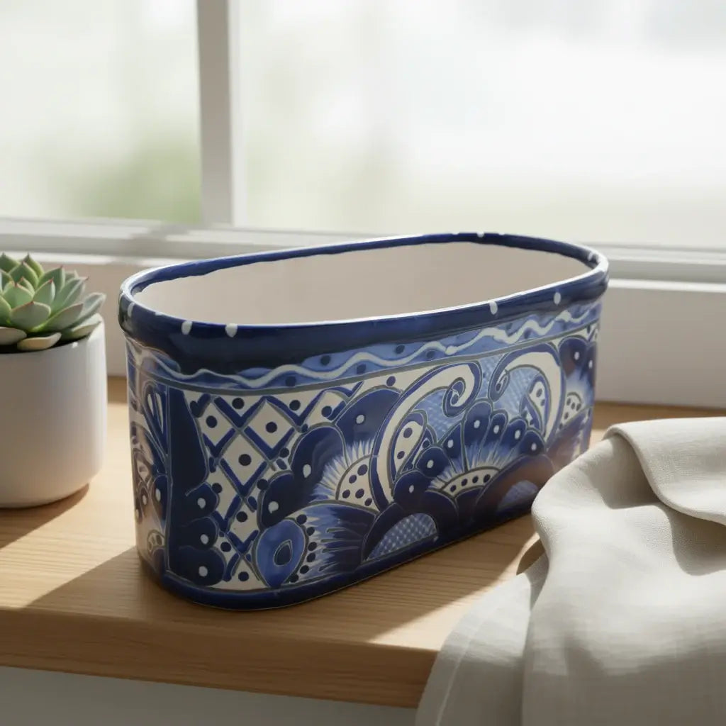 Blue and White Oval Talavera Planter | Mexican Ceramic Pot