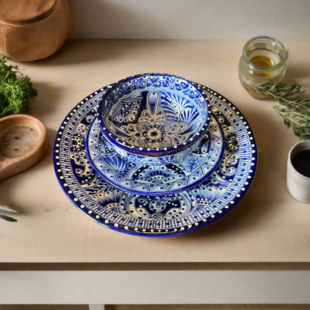 Blue & White Talavera Dinnerware Set | 12-Piece Set for 4