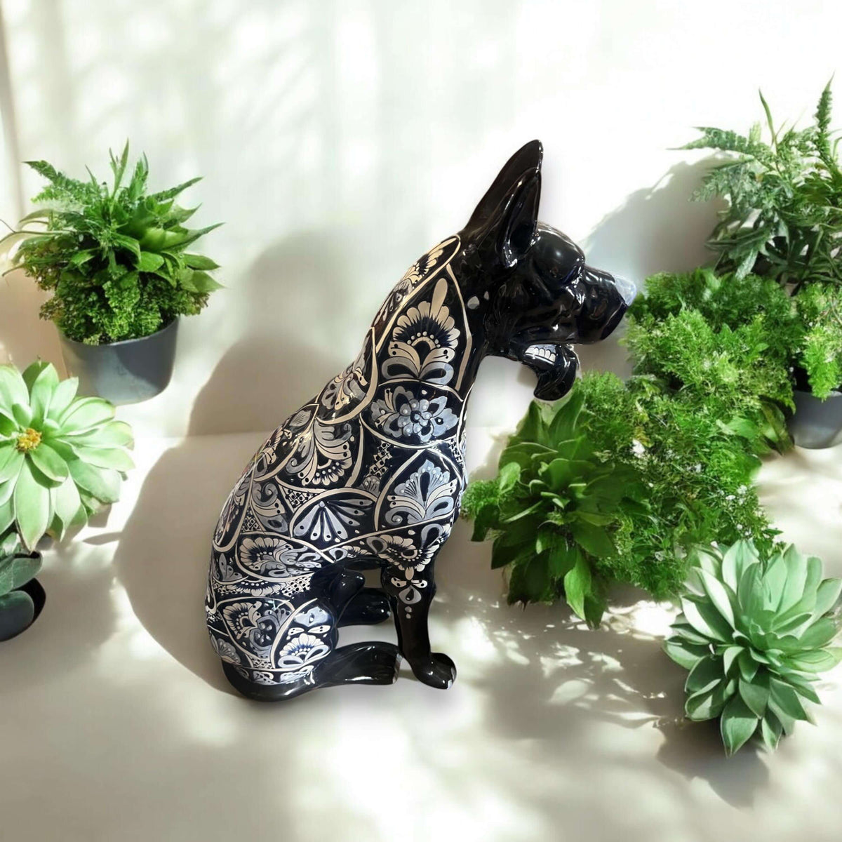 Blue & White Talavera Dog Statue | Handmade Ceramic Art