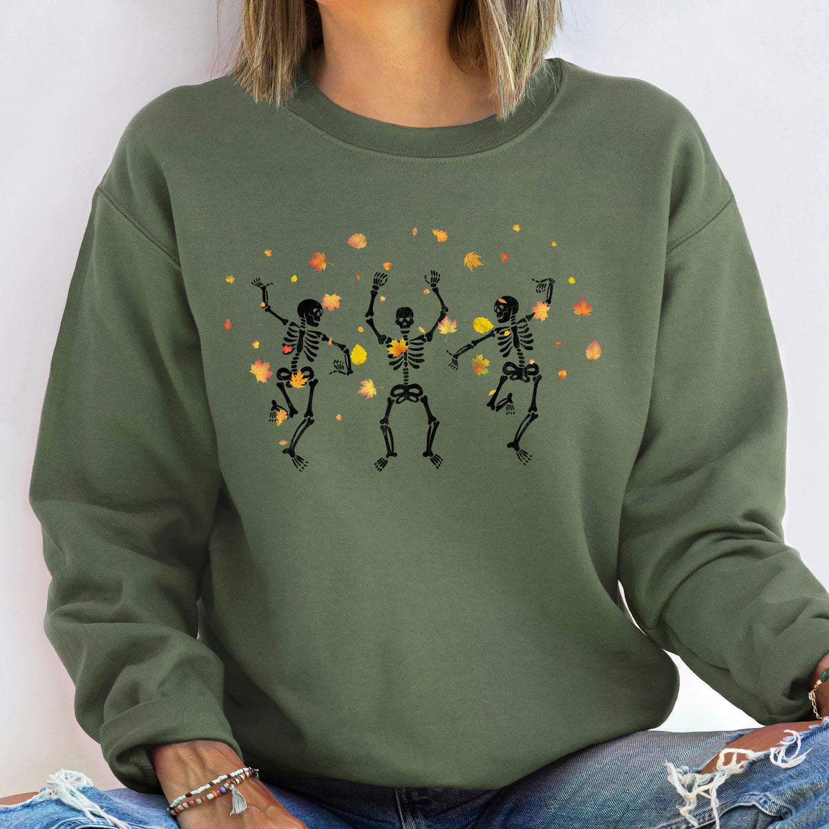 Dancing Skeletons Leaves Halloween Scene With Autumn Leaves And Moonlit Night Sweatshirt