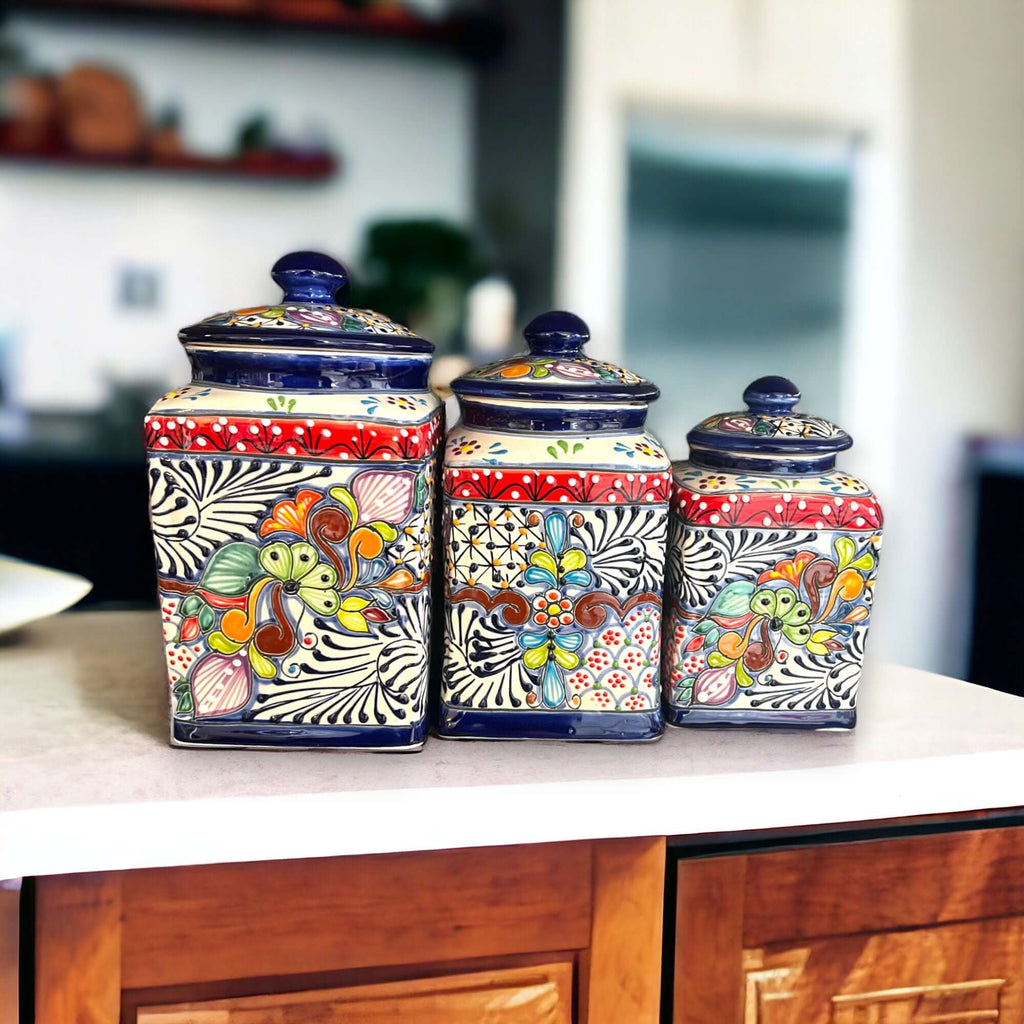 Talavera Canister Set | Dark Blue Mexican Kitchen Storage Jars