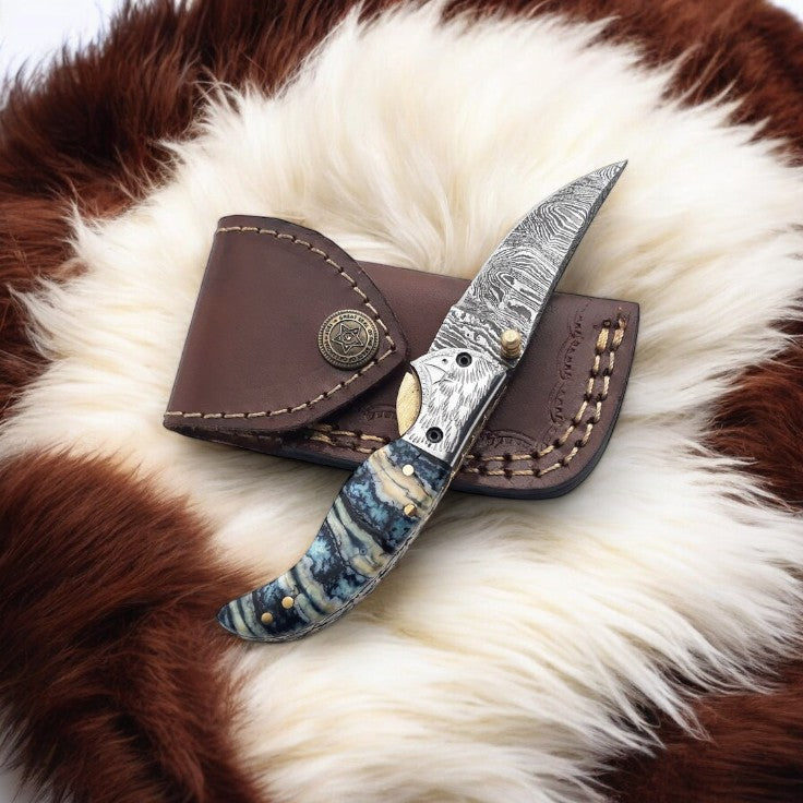Handmade Damascus Steel Pocket Knife with Epoxy Handle