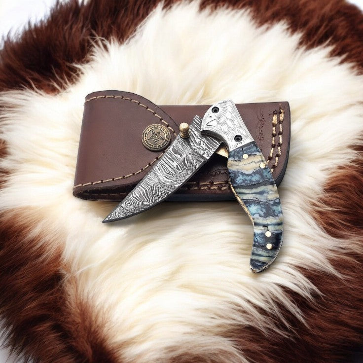 Handmade Damascus Steel Pocket Knife with Epoxy Handle