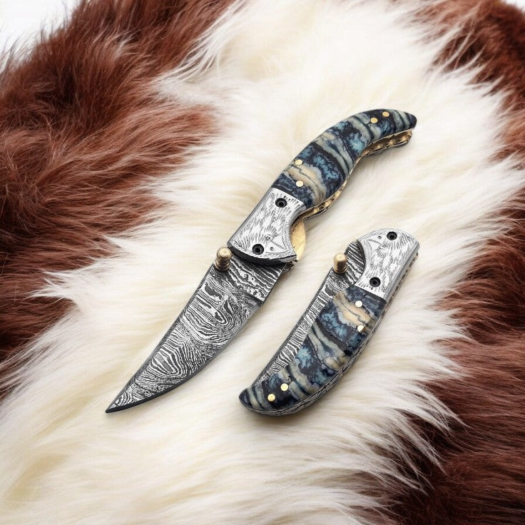 Handmade Damascus Steel Pocket Knife with Epoxy Handle