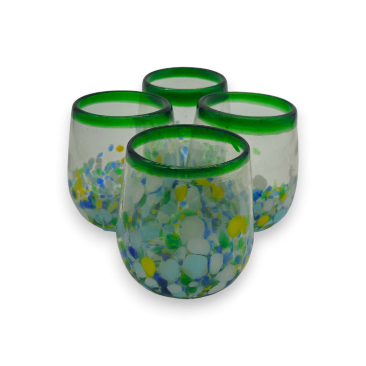 Hand-Blown Stemless Wine Glass | Mexican Confetti with Green Rim