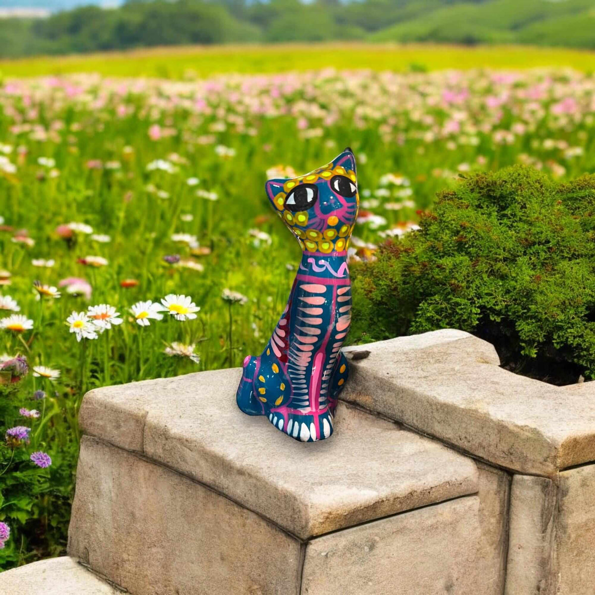 Hand-Painted Guerrero Cat Statue | Colorful Mexican Ceramic Figure
