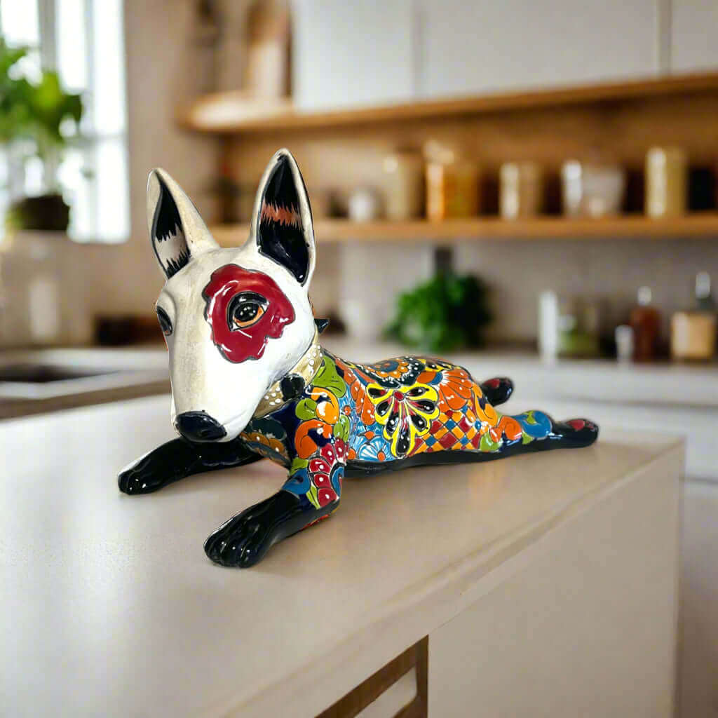 Talavera Bull Terrier Statue | Hand-Painted Colorful Dog Sculpture