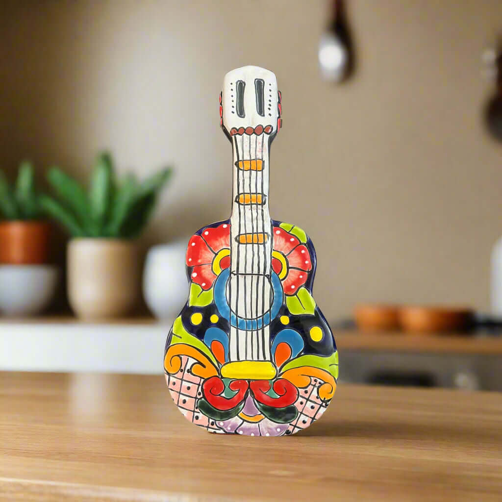 Talavera Guitar Statue | Hand-Painted Mexican Folk Art Decor