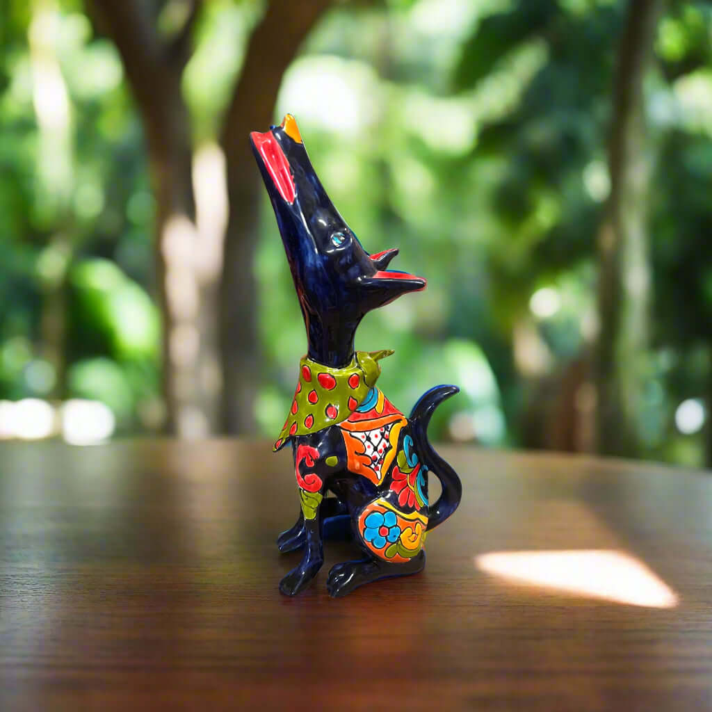 Talavera Howling Coyote Statue | Handmade Mexican Folk Art