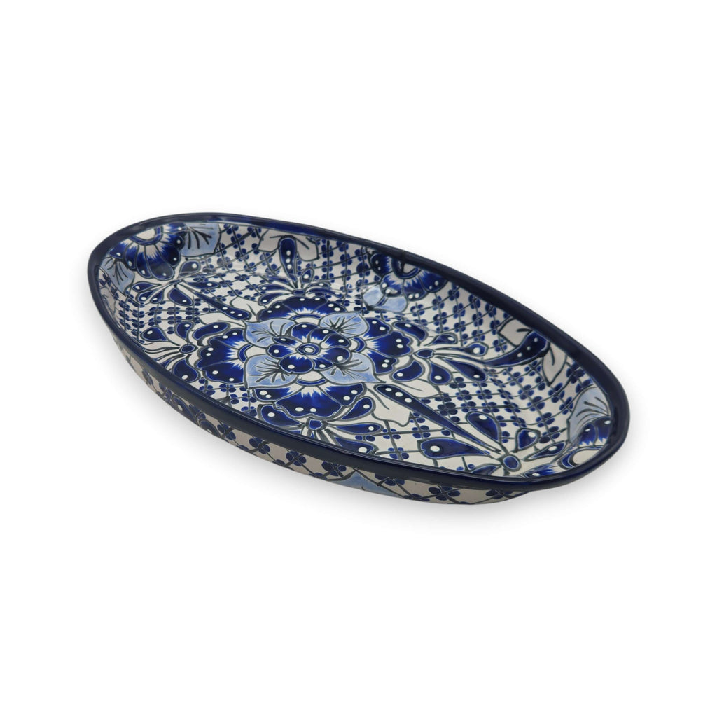 Handmade Talavera Oval Platter | Blue & White Mexican Art