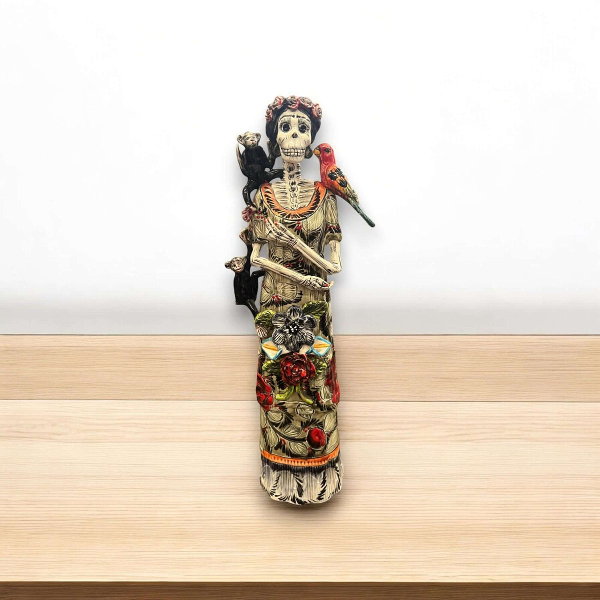 Talavera Catrina Figurine | Day of the Dead Skeleton with Monkey &