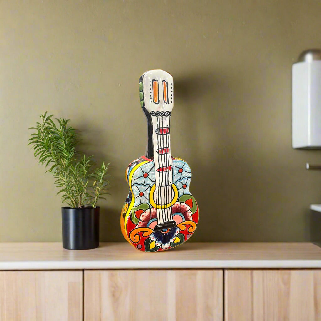 Talavera Guitar Statue | Hand-Painted Mexican Folk Art Decor