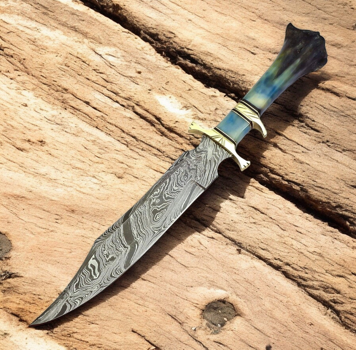 Handmade Damascus Bowie Knife with Colored Bone Handle