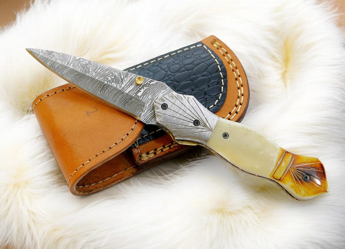 Handmade Damascus Folding Knife – Bone Handle, 3" Blade