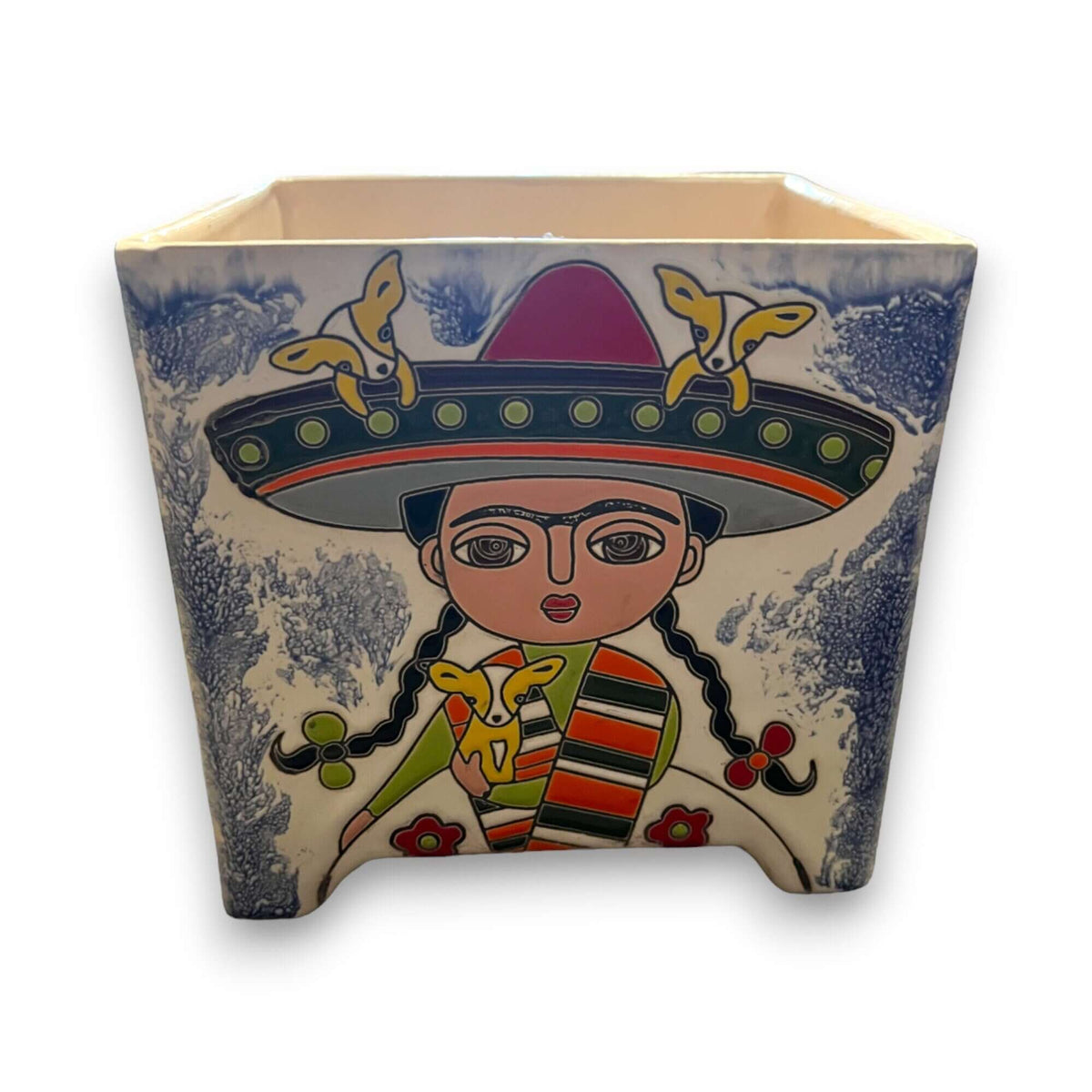 Hand-Painted Frida Kahlo Talavera Pot | Mexican Folk Art Planter