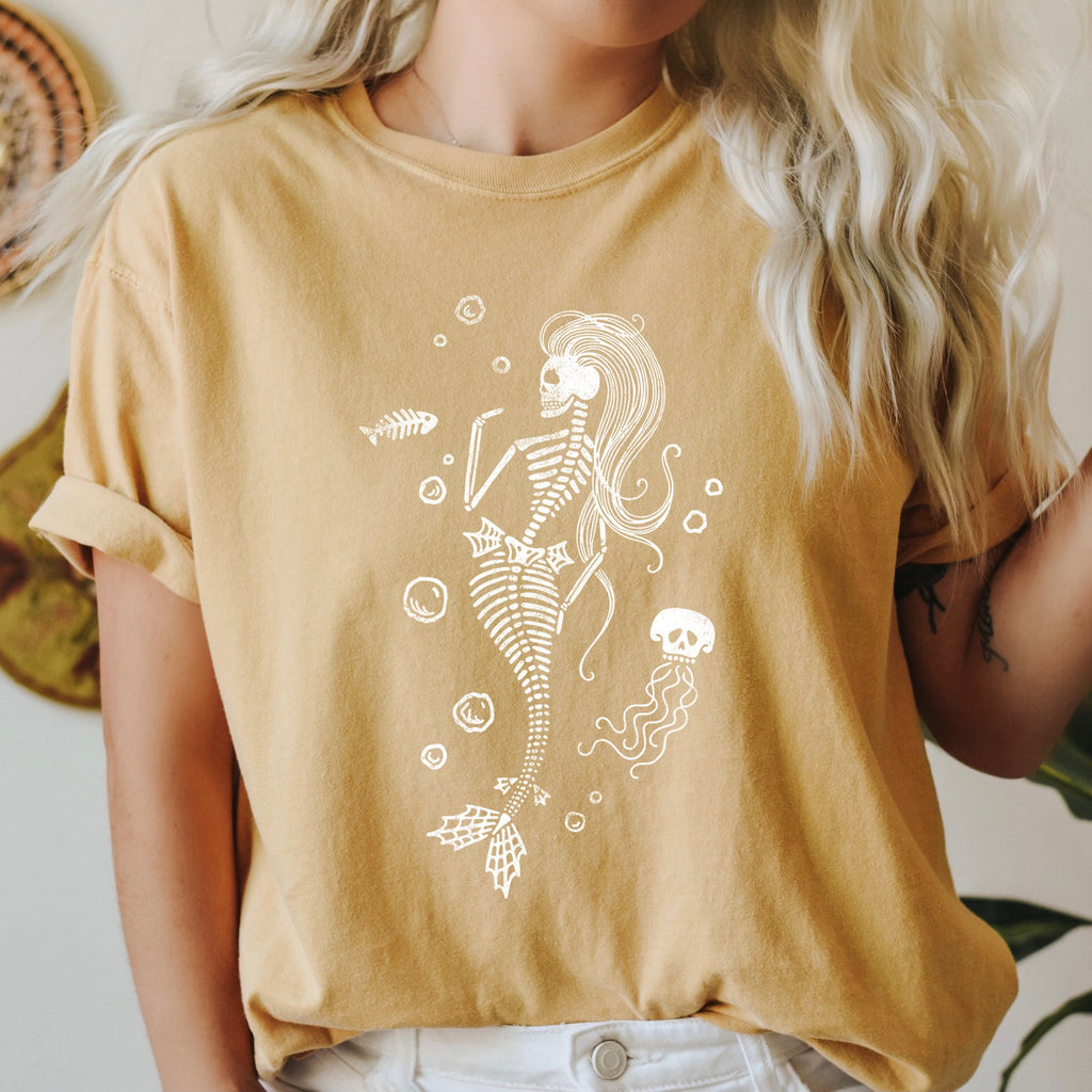 Mermaid Skeleton Jellyfish Retro Halloween Ocean Creature Illustration Comfort Colors Tee