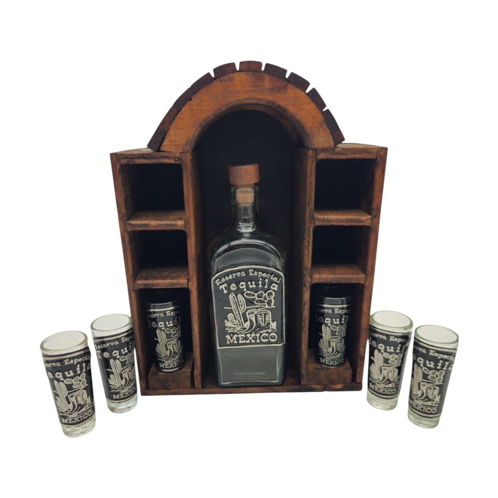 Mexican Tequila Decanter Set | 6 Shot Glasses & Wooden Display