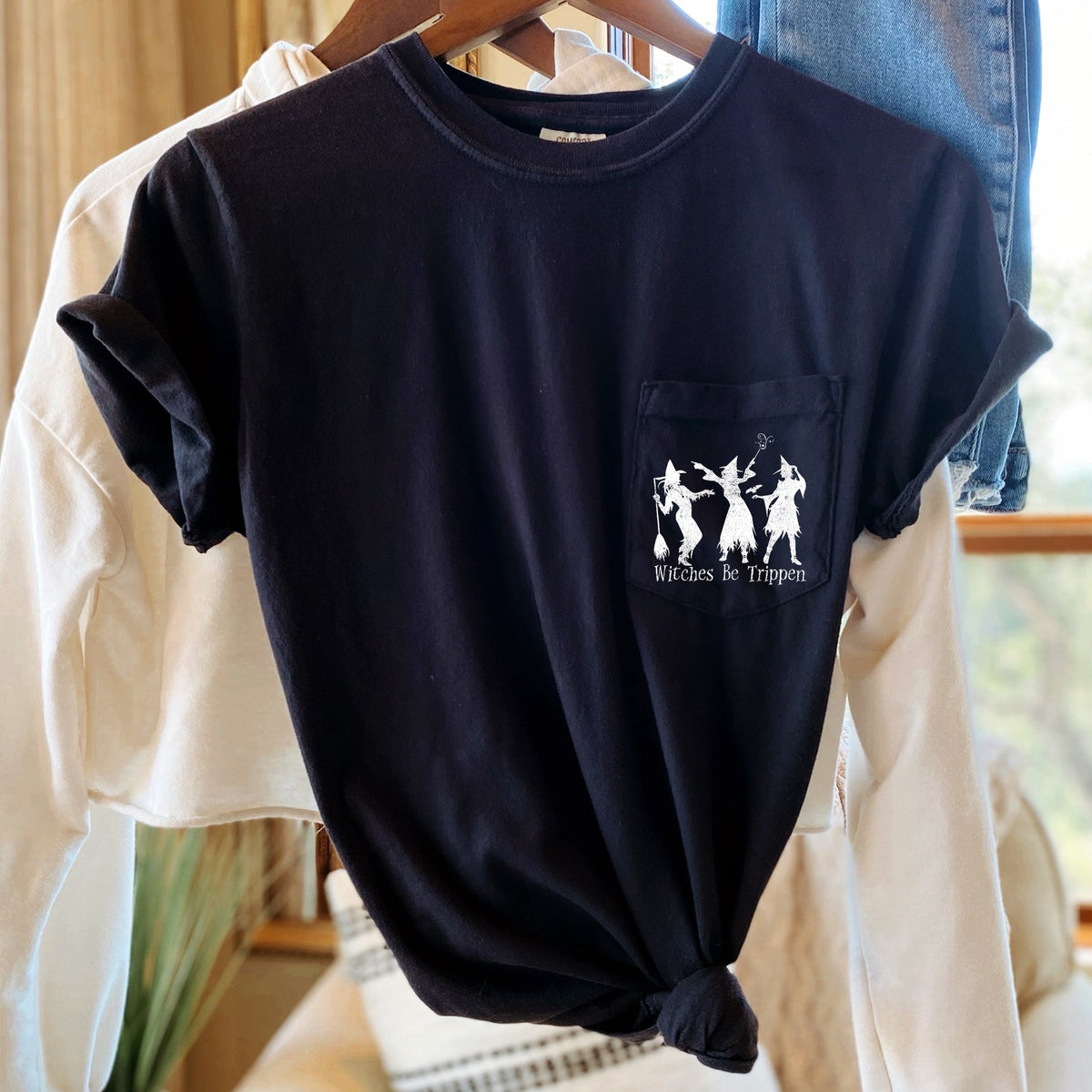 Witches Be Trippin Halloween Pocket Design Mythical Moonlit Night Comfort Colors Tee
