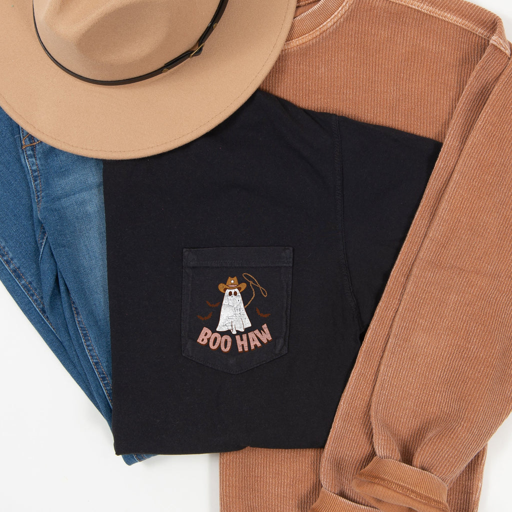 Boo Haw Ghost Halloween Pocket Scene With Spooky Laughs And Haunted Night Parade Comfort Colors Tee