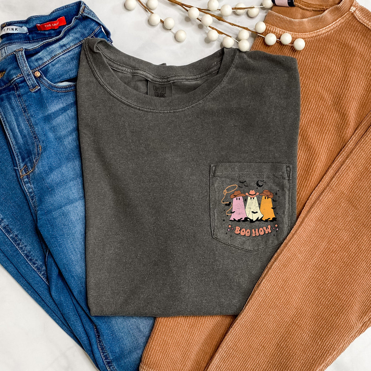 Boo How Ghosts Halloween Pocket Design Celebrating Spooky Season Comfort Colors Tee