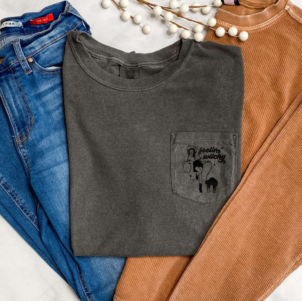 Feelin Witchy Halloween Pocket Comfort Colors Tee With Spooky Graphic And Cozy Fit