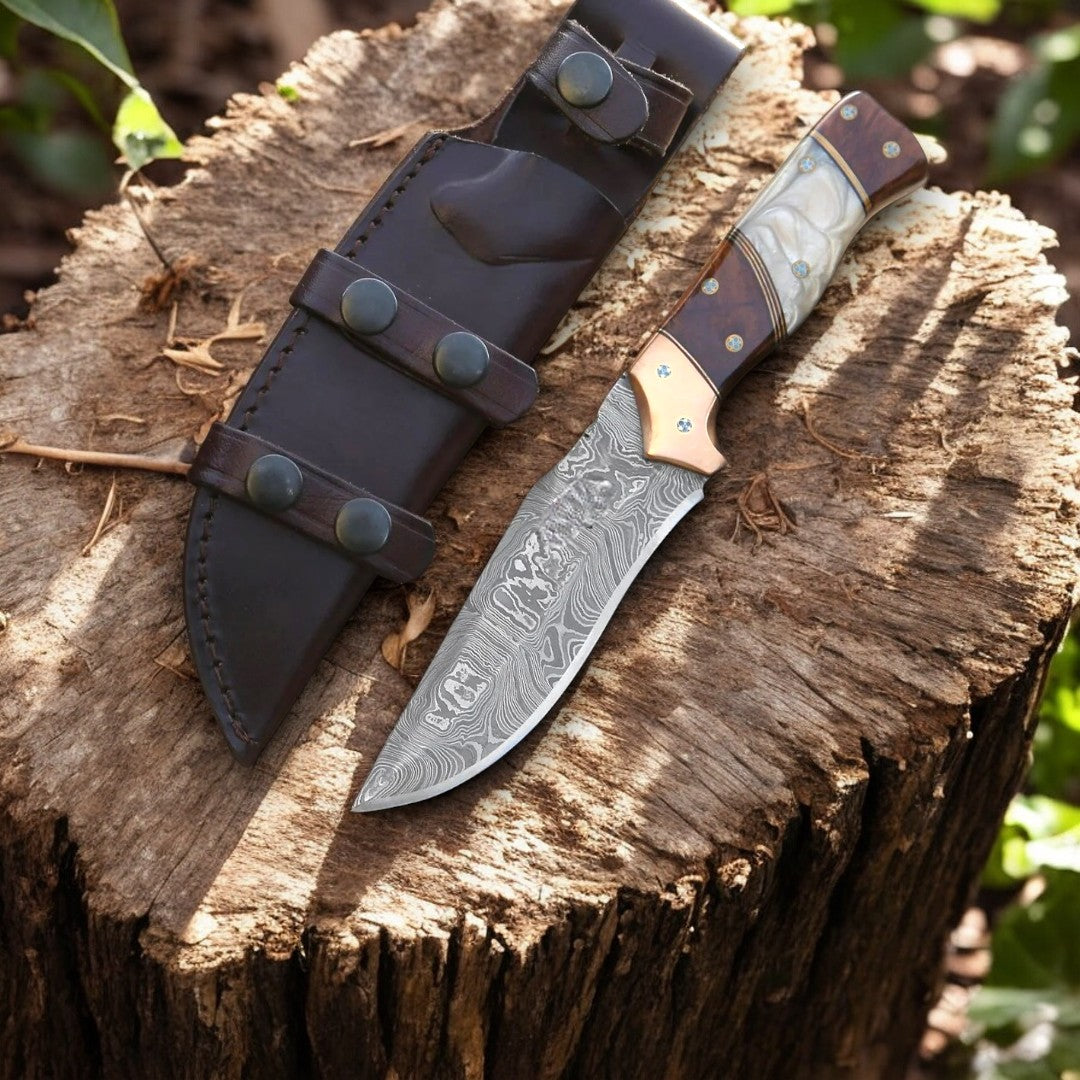 Custom Handmade Damascus Hunting Knife – 8.5" with Sheath