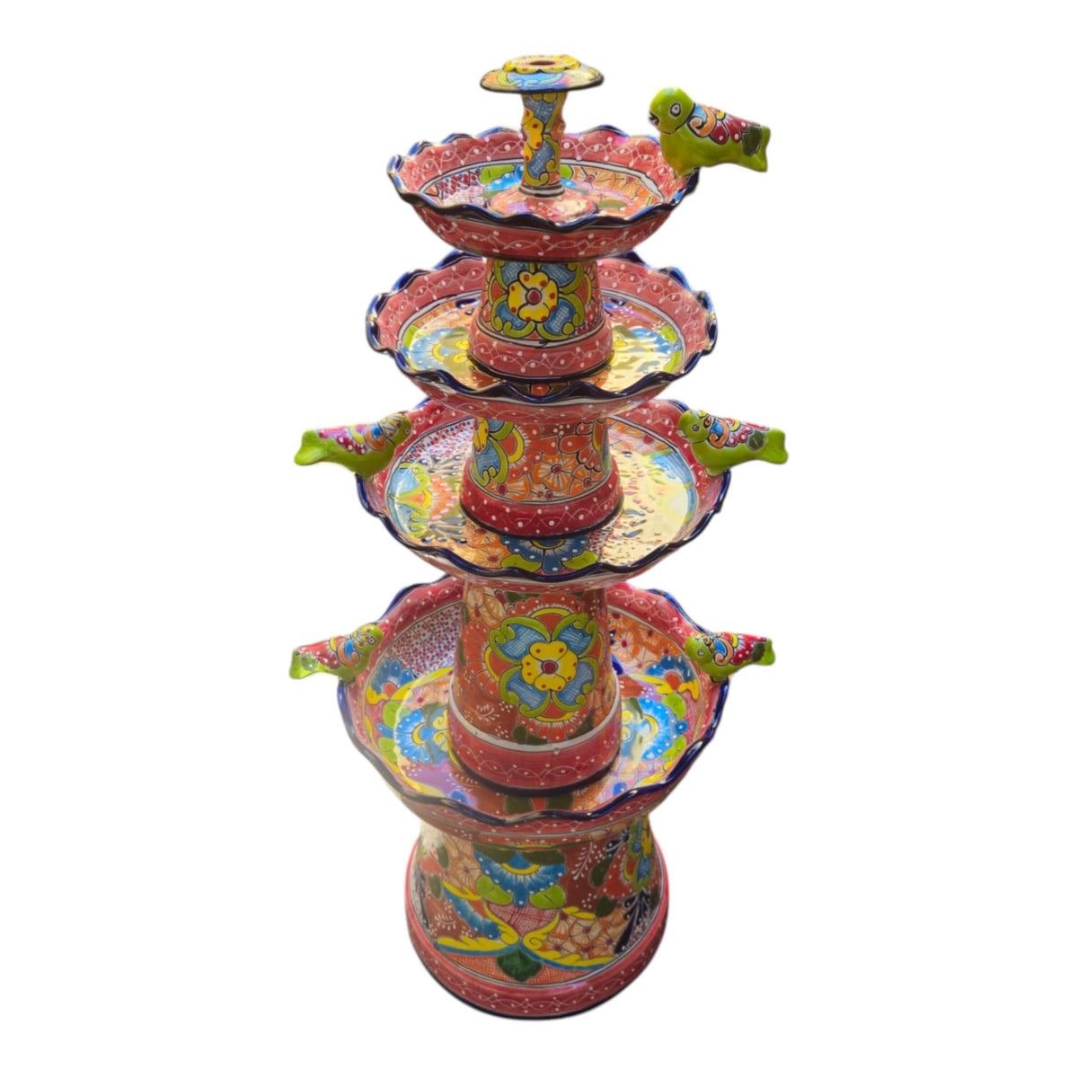 Red & Blue Rim Talavera Fountain | Multicolor Tiered Design