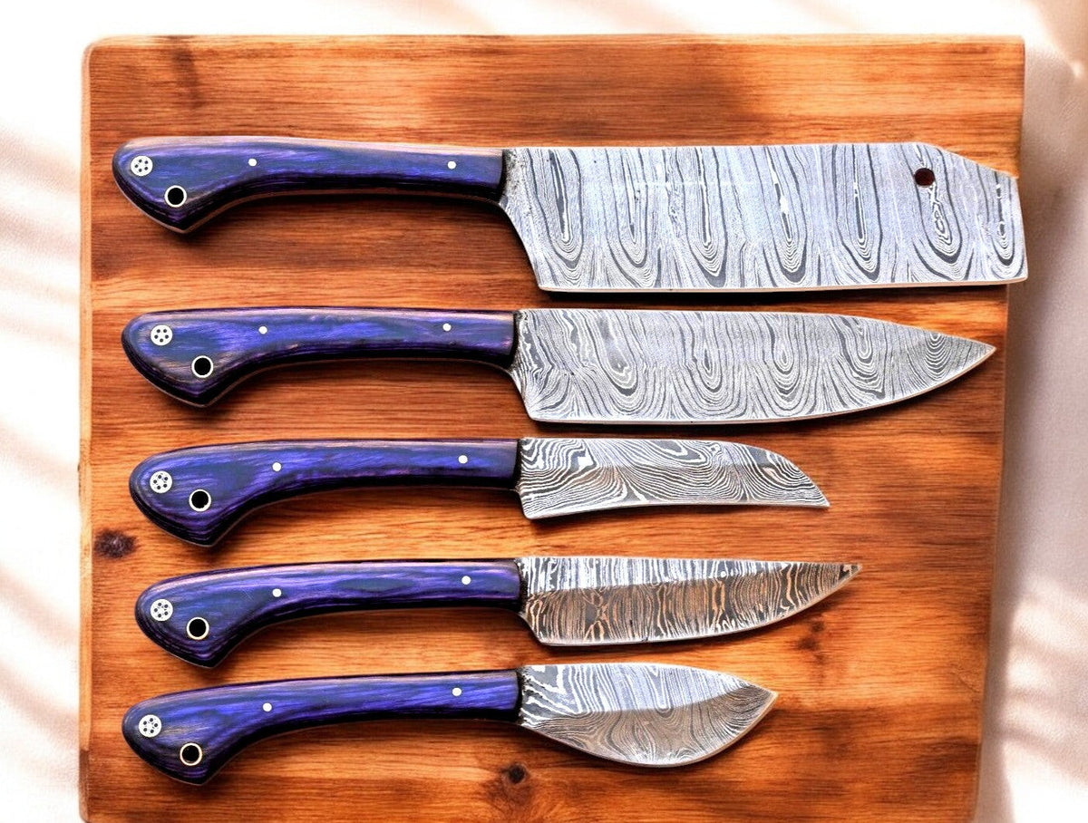 Handmade Damascus Kitchen Knives Set with Exotic Wood Handles
