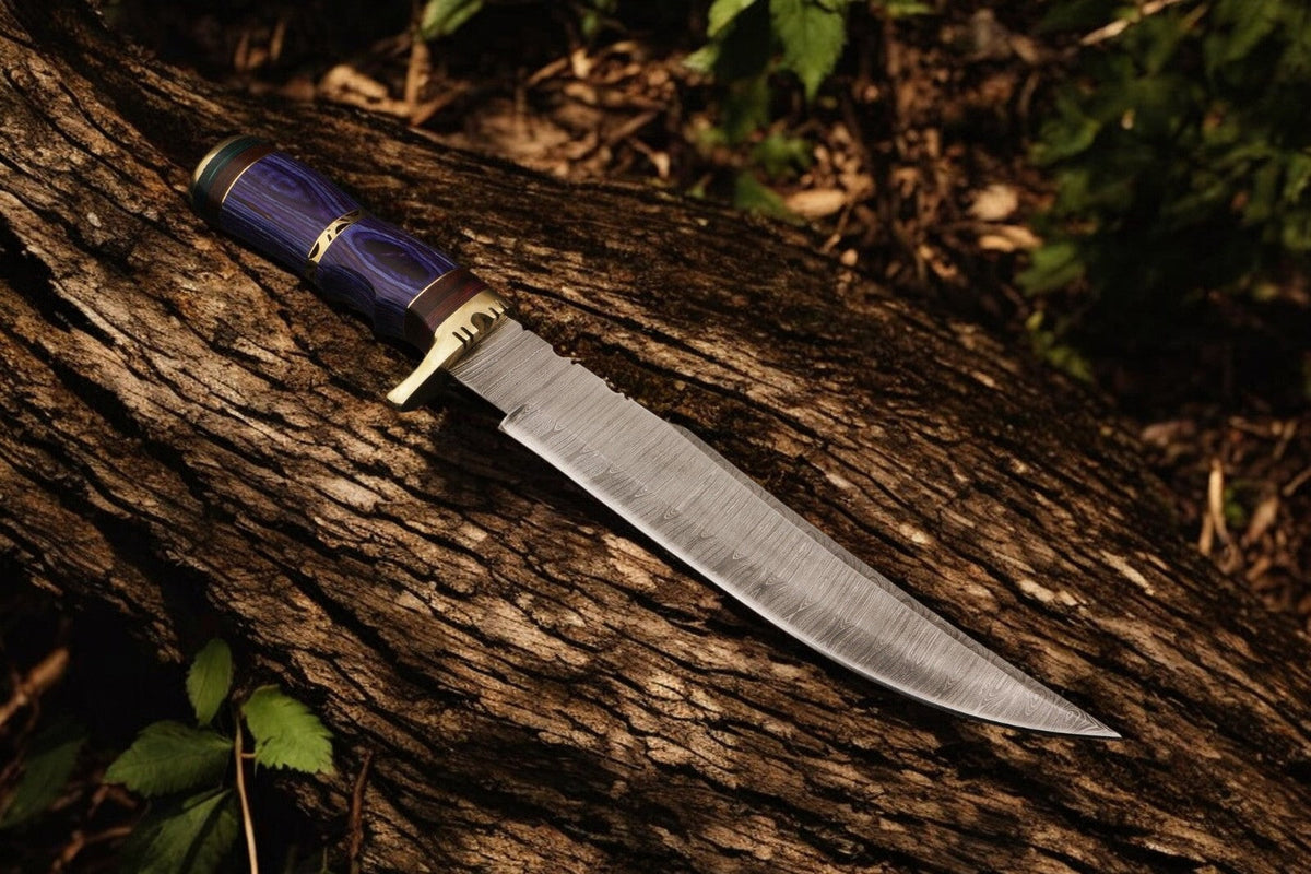 Handmade Damascus Steel Bowie Knife with Exotic Wood Handle - 15 Inches