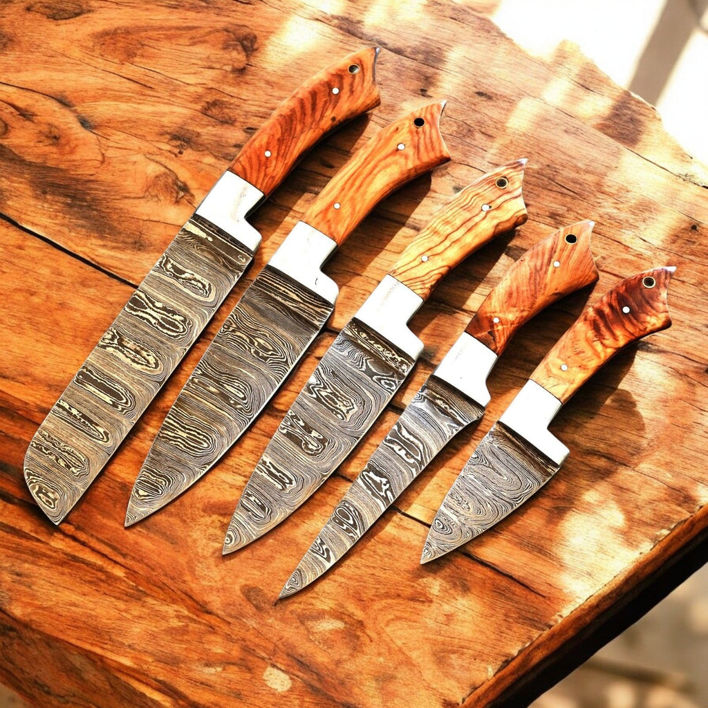 Handmade Damascus Kitchen Knives Set with Olivewood Handle