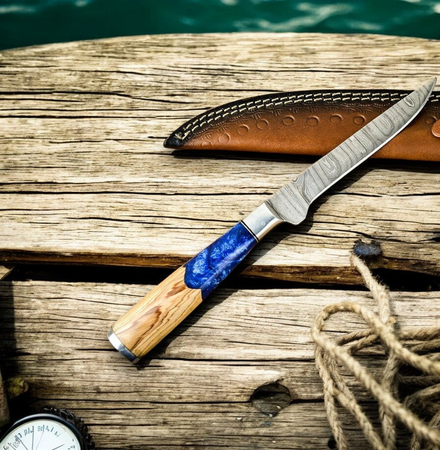 Handmade Damascus Fillet Knife – Epoxy Olive Wood Handle