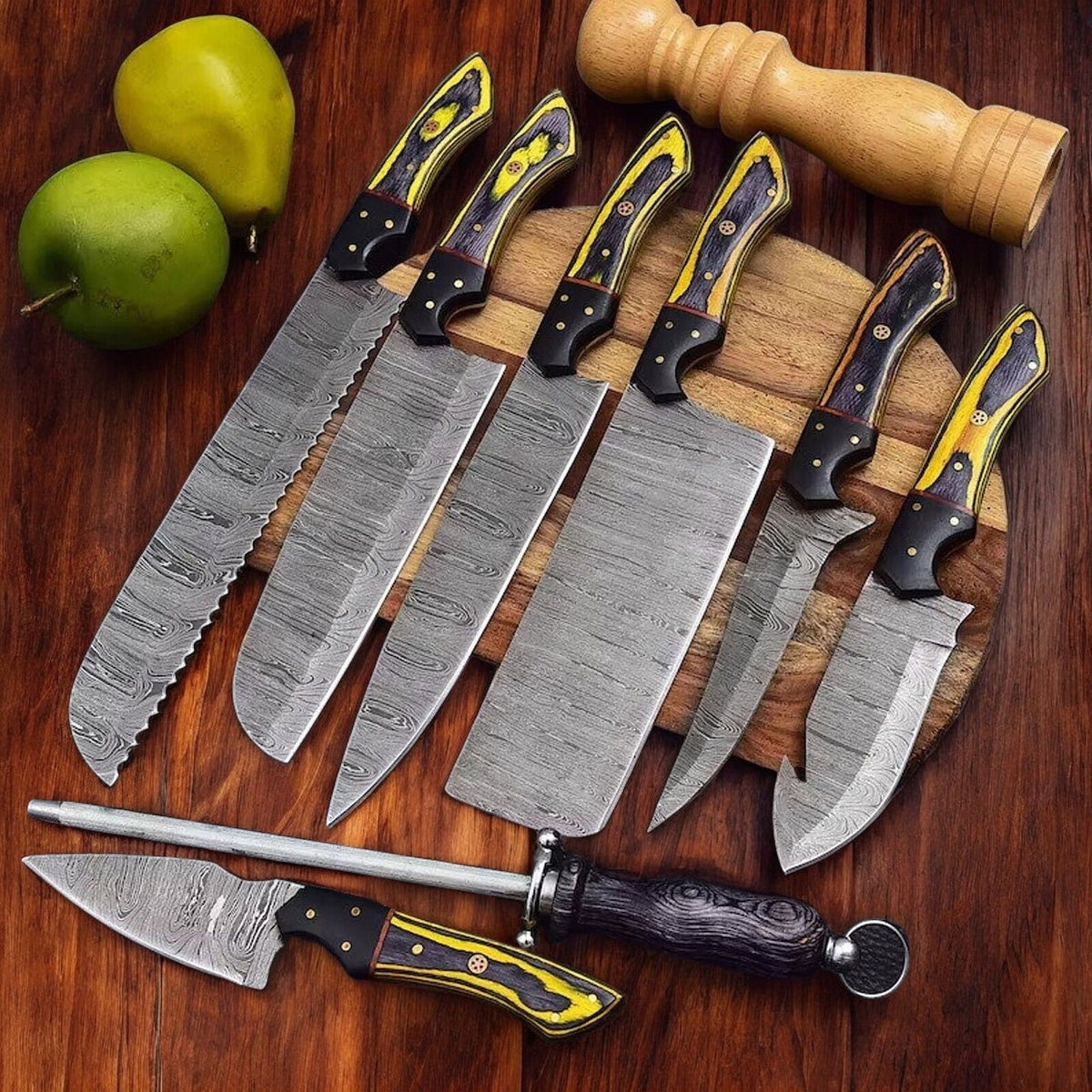 Handmade Damascus Kitchen Knives Set | Exotic Wood & Horn