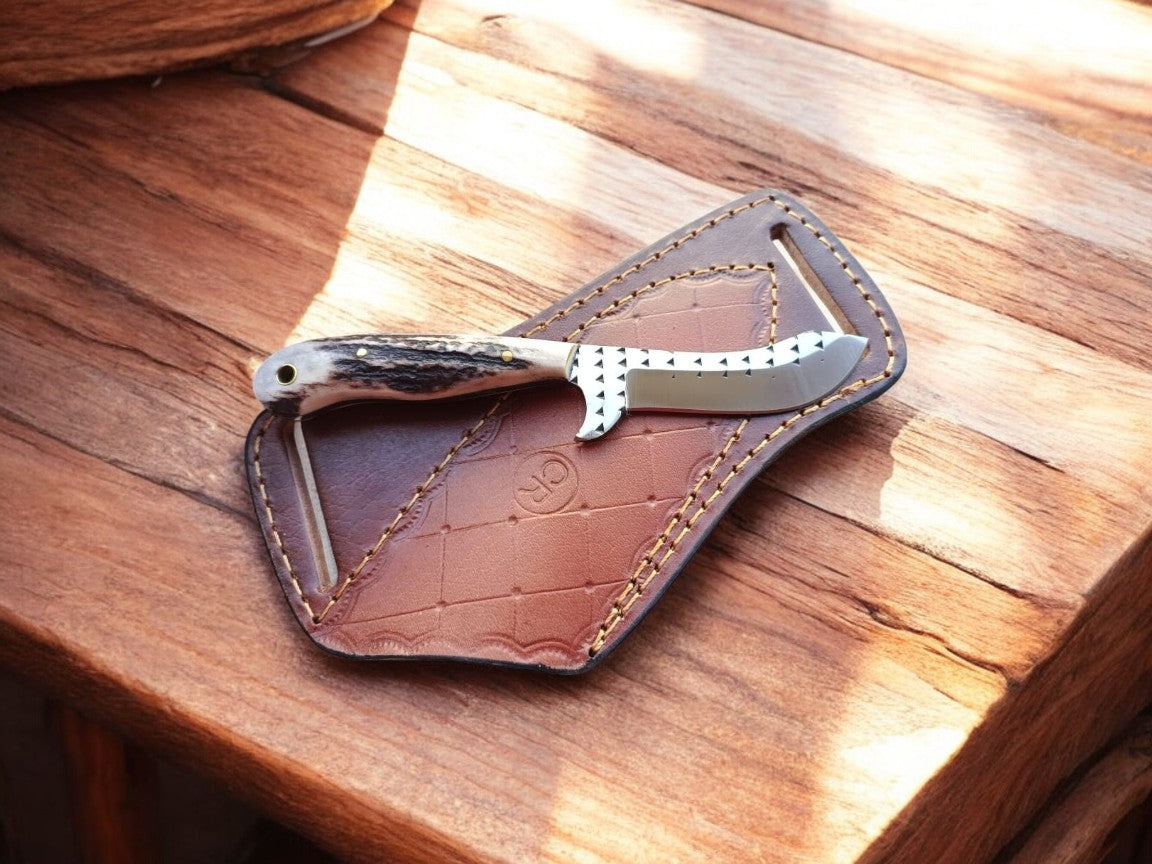 Handmade Belt Knife with Antler Handle & Rasp Steel Blade