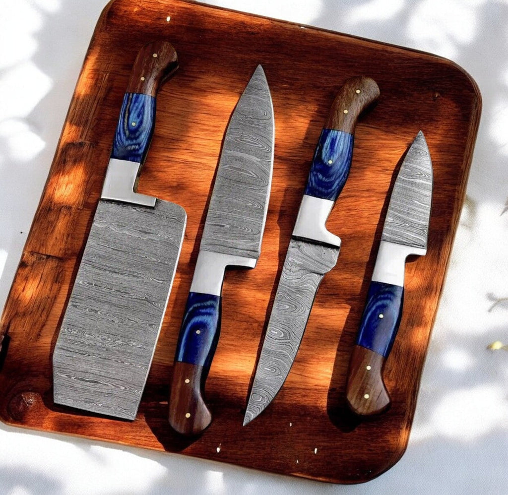Handmade Damascus Kitchen Knives Set with Leather Roll