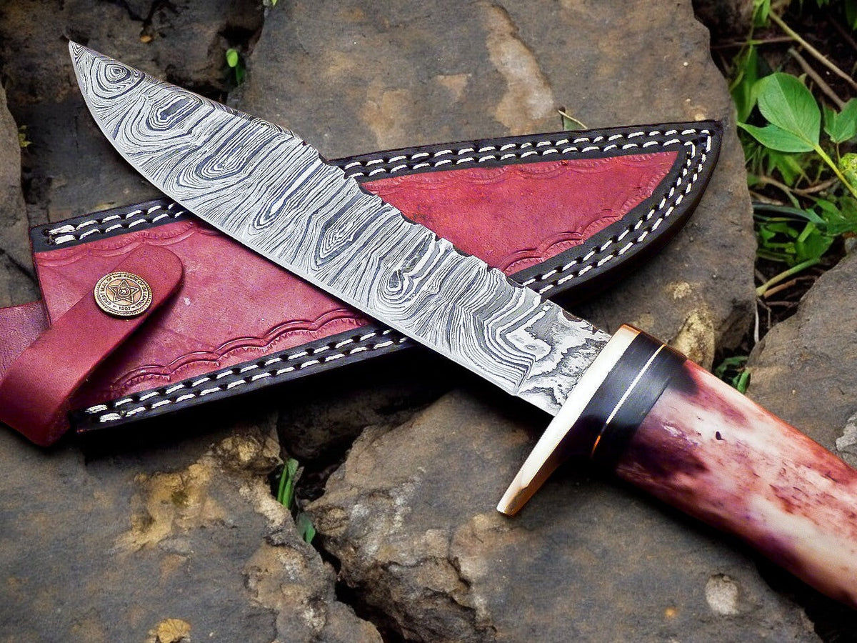 Handmade Damascus Hunting Knife – 12" with Bone Handle